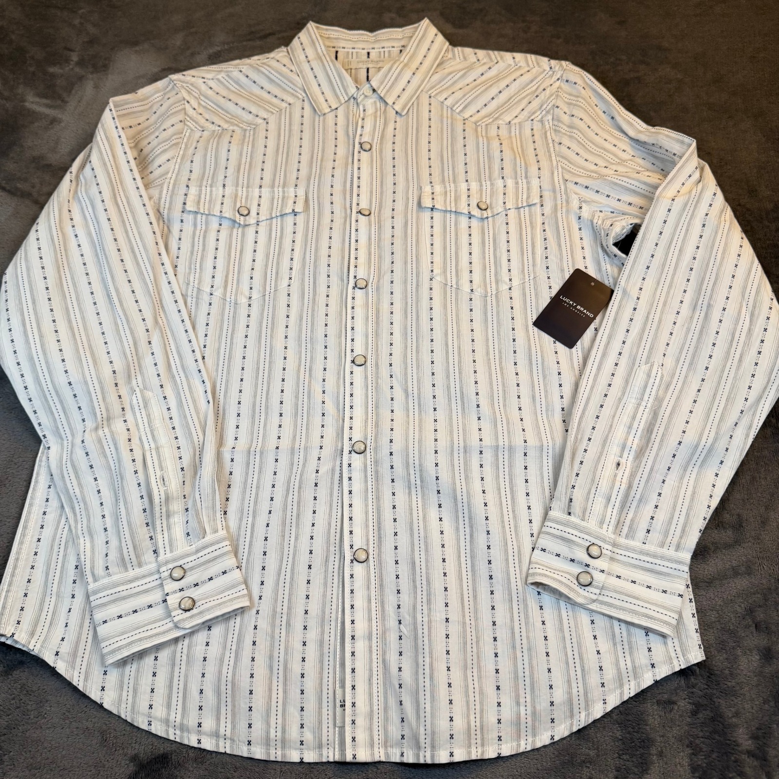 Lucky Brand White Striped Western Snap Front Long Sleeve Shirt Mens Medium New